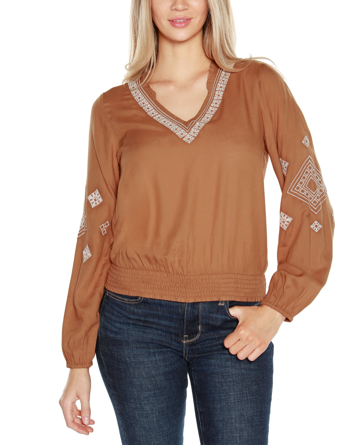 Black Label Women's Embroidered Blouson Sleeve V-Neck Blouse Top - Iced Latte