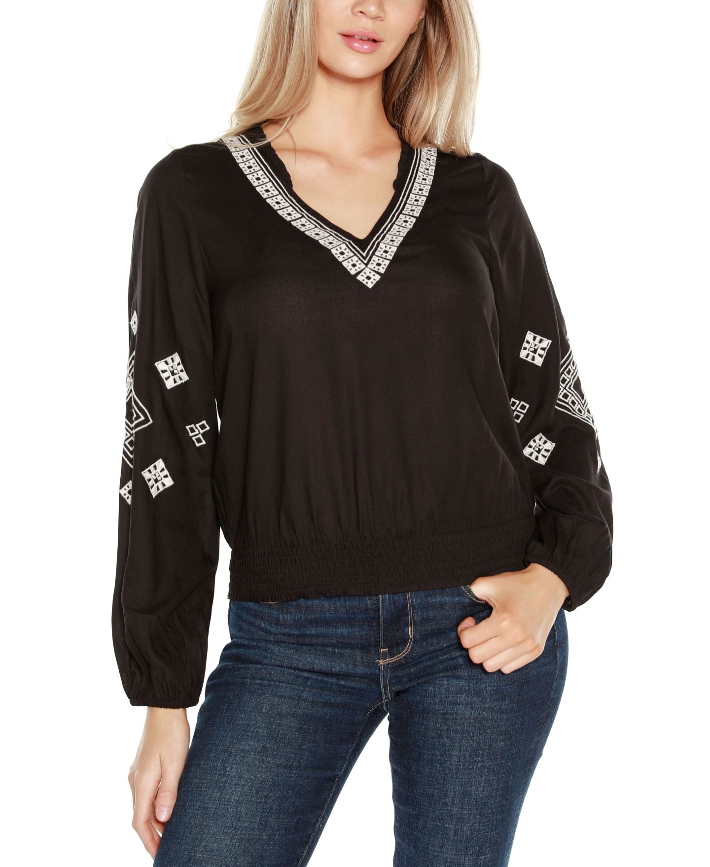 Женская блузка Belldini Black Label Embroidered Blouson Sleeve V-Neck Blouse Top, цвет: Чёрный — фото 1