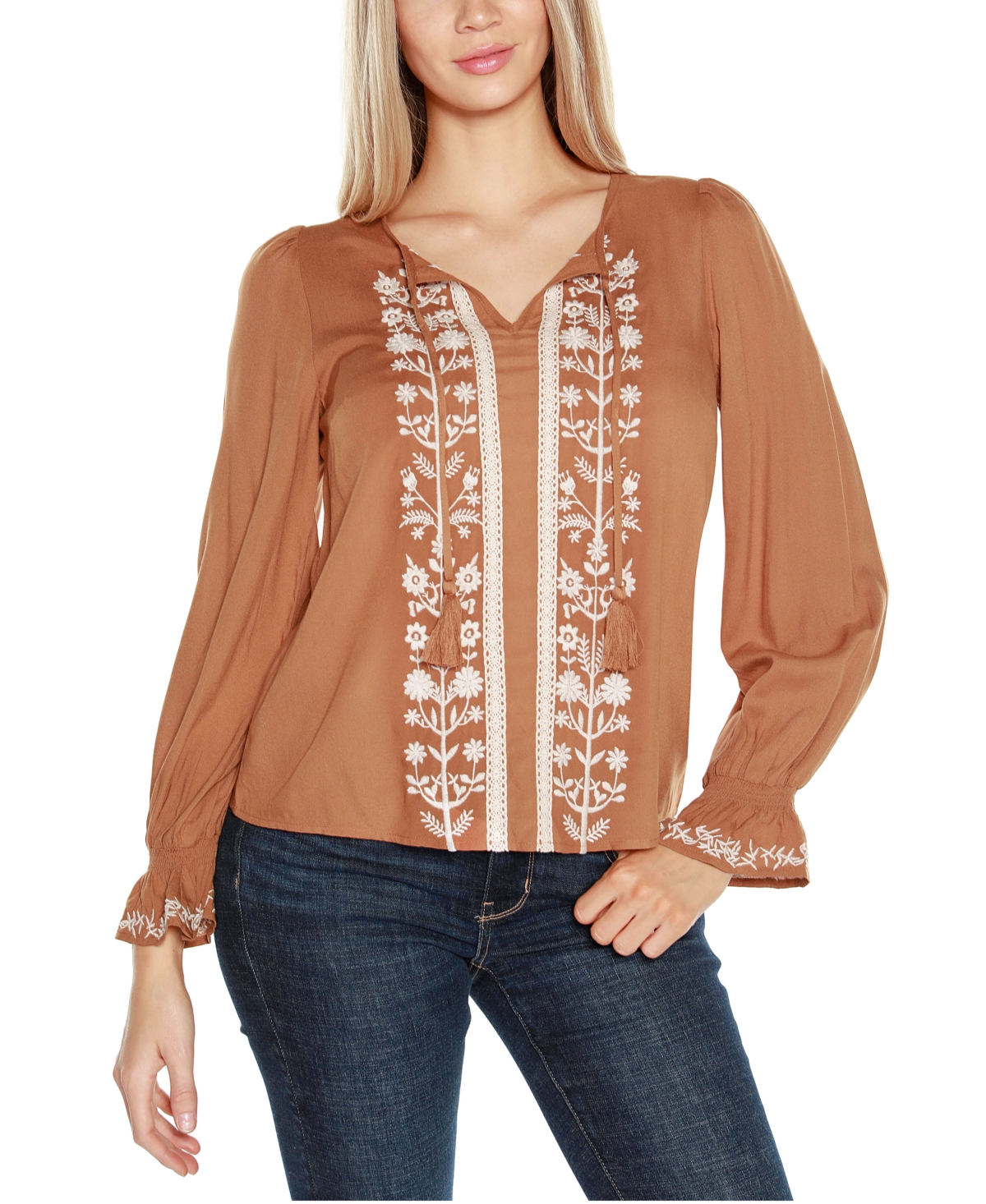 Shop Belldini Black Label Women's Tie-neck Embroidered-front Blouse Top In Iced Latte