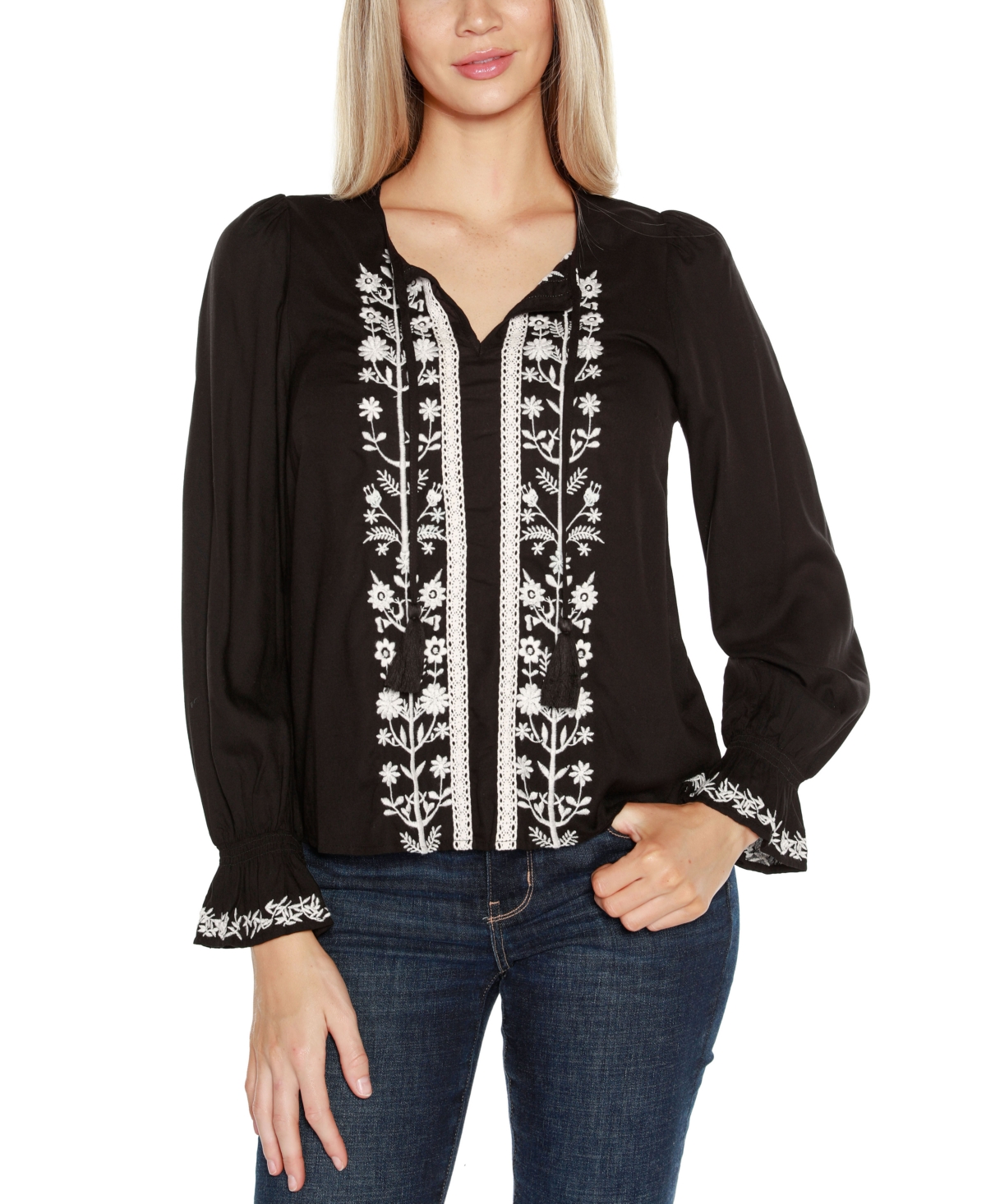 Shop Belldini Black Label Women's Tie-neck Embroidered-front Blouse Top