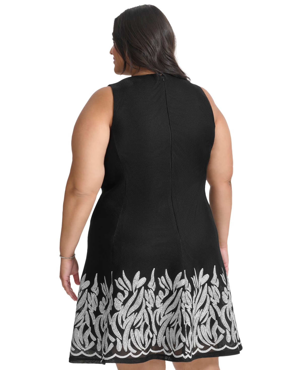 Dkny Plus Size Round-Neck Embroidered-Hem Fit & Flare Dress -Ivory