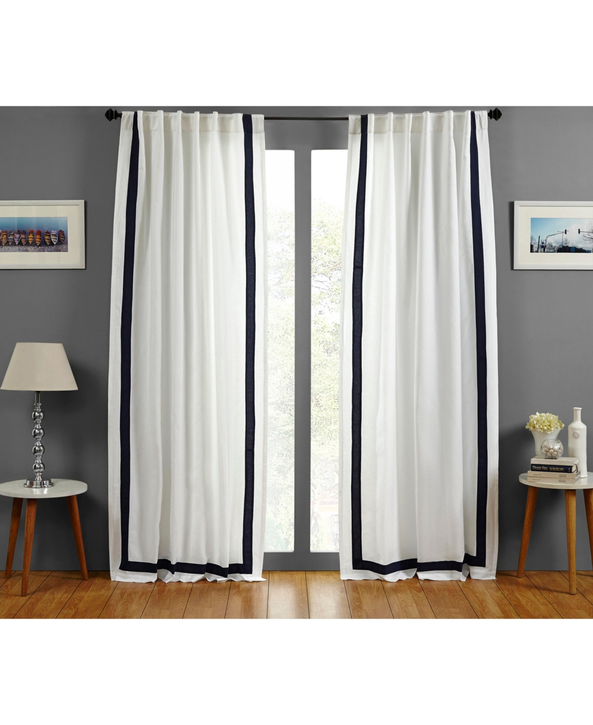 Amalfi Linen Cotton Curtain Panel - Lined with Rod Pocket and Hidden Back Tabs - Navy-white