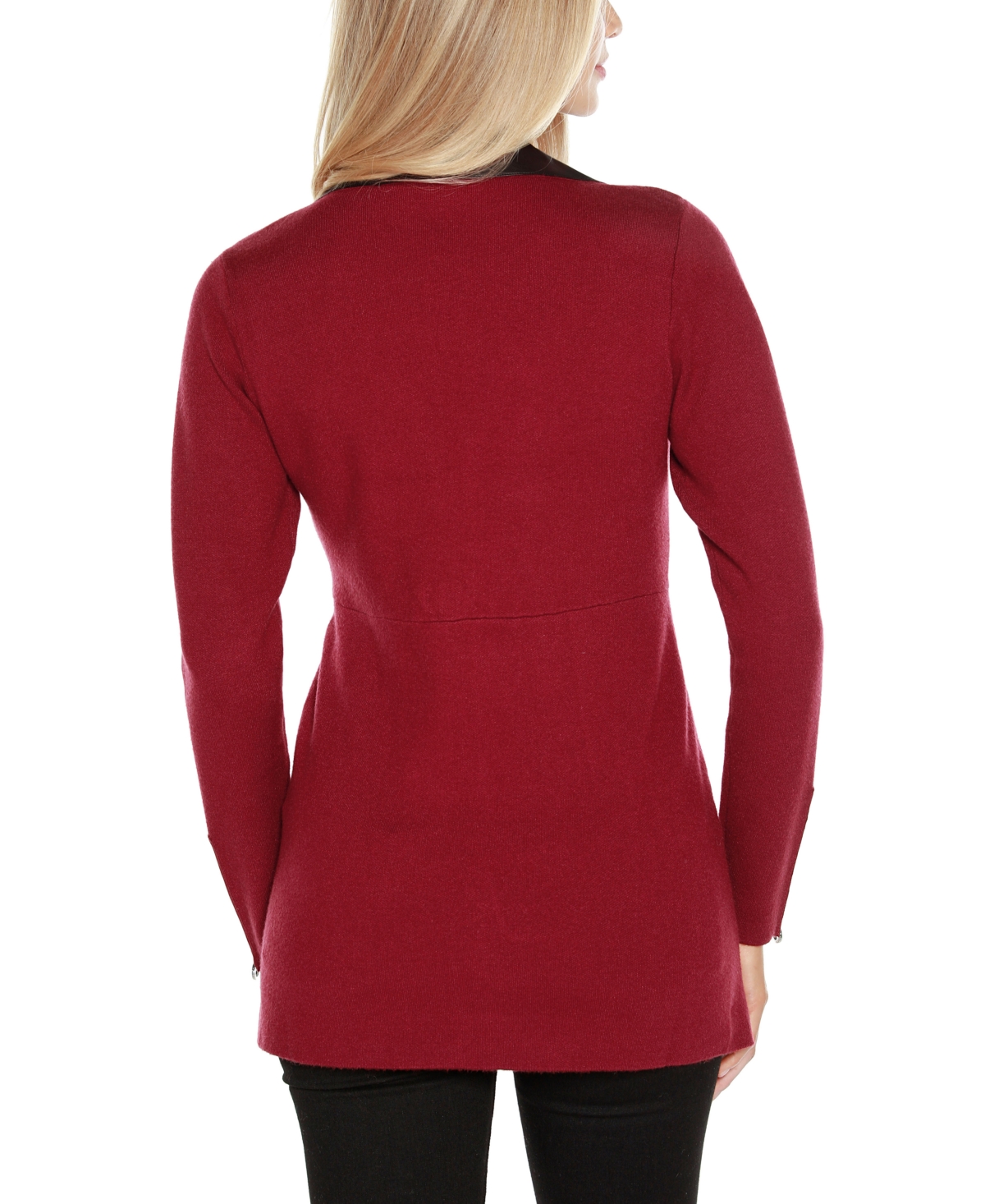 Belldini Black Label Women's Faux-Leather Collared Sweater Jacket -Black