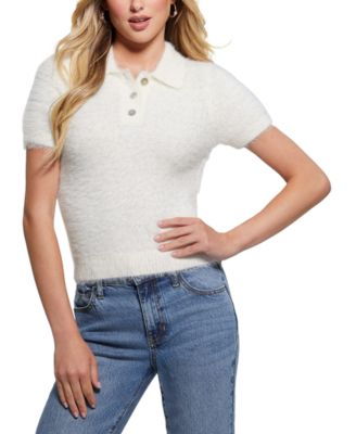 GUESS - Women's Coraline Fuzzy Short-Sleeve Polo Sweater