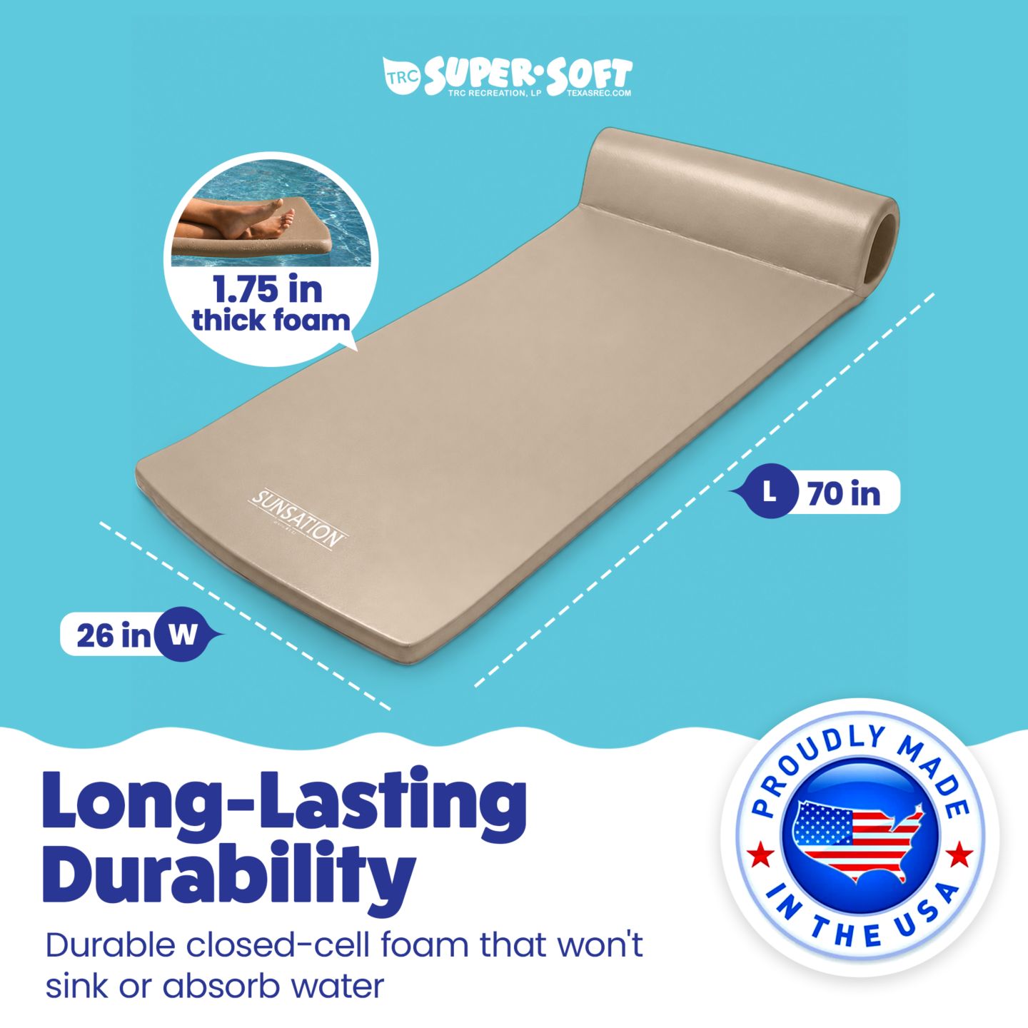 Детская игрушка TRC Recreation Sunsation 1.75" Thick Foam Lounger Swimming Pool Float, Bronze — фото 11