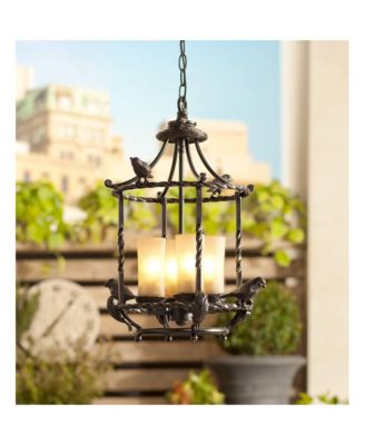 Song Birds 13.5" Bronze Pendant Chandelier, Rustic Cage Design with Scavo Glass, 4-Light Fixture for Dining Room, Kitchen & Foyer