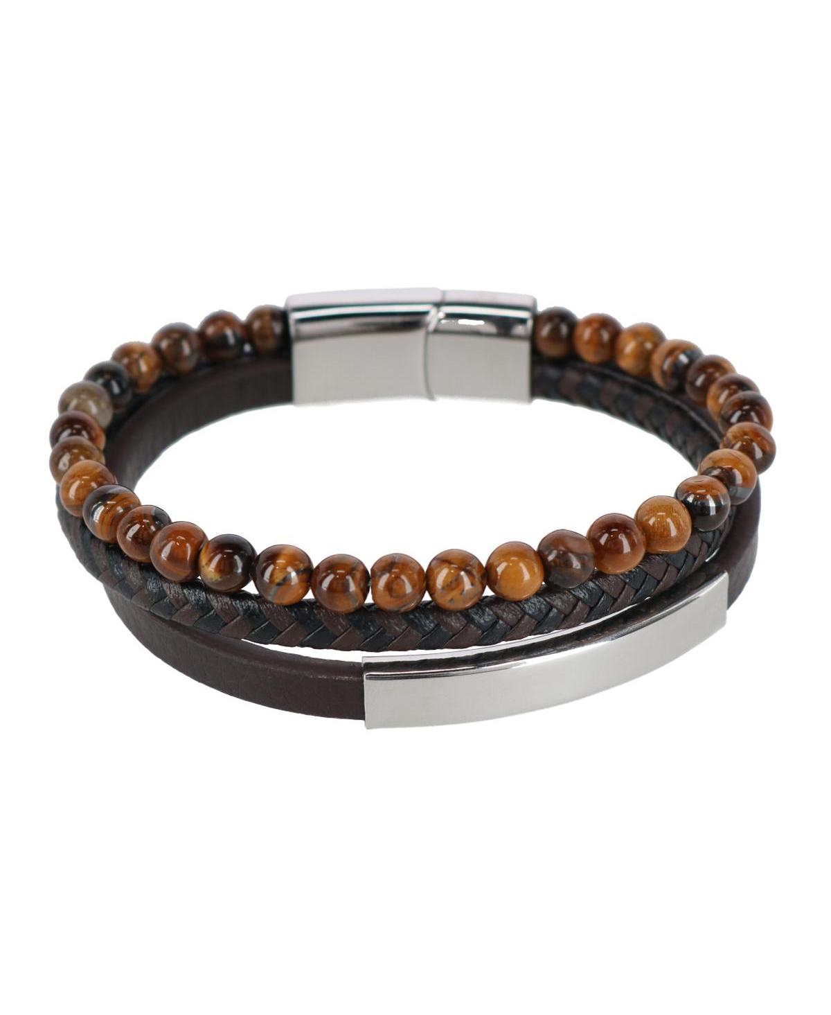 Beaded and Leather 3 Strand Bracelet - Brown