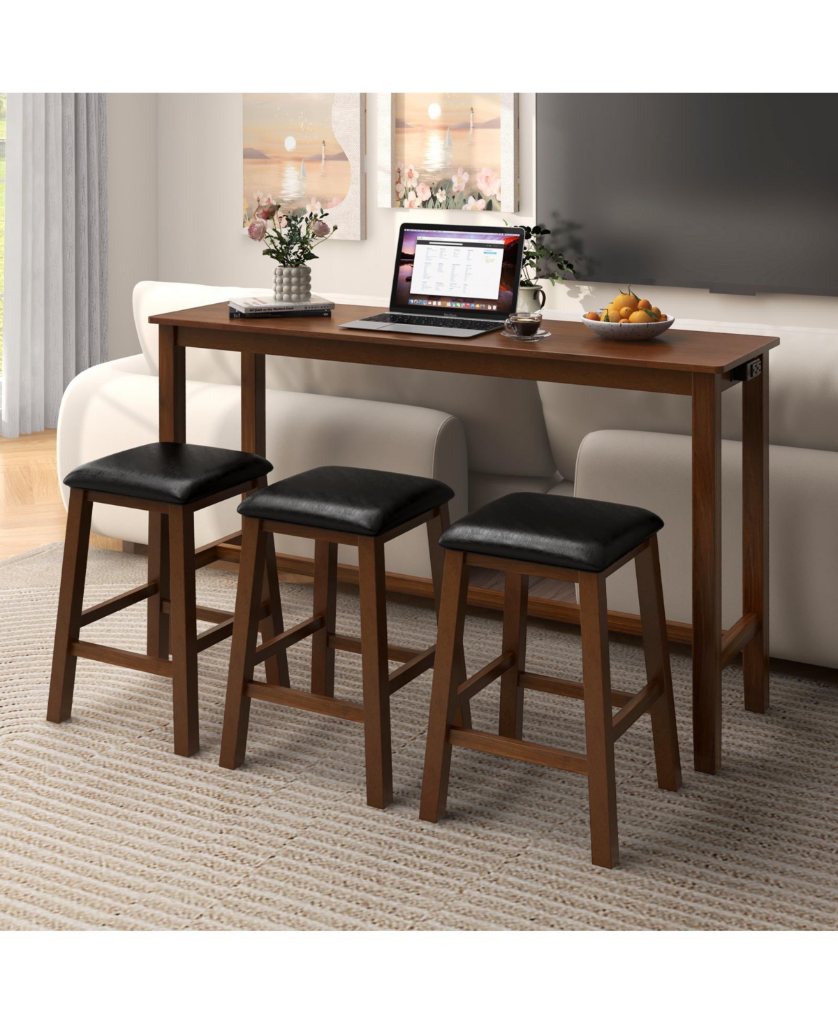 Slickblue 4-Piece Bar Table Set Counter-Height Table and 3 Pvc Leather Upholstered Bar Stools-Brown - Walnut and Brown