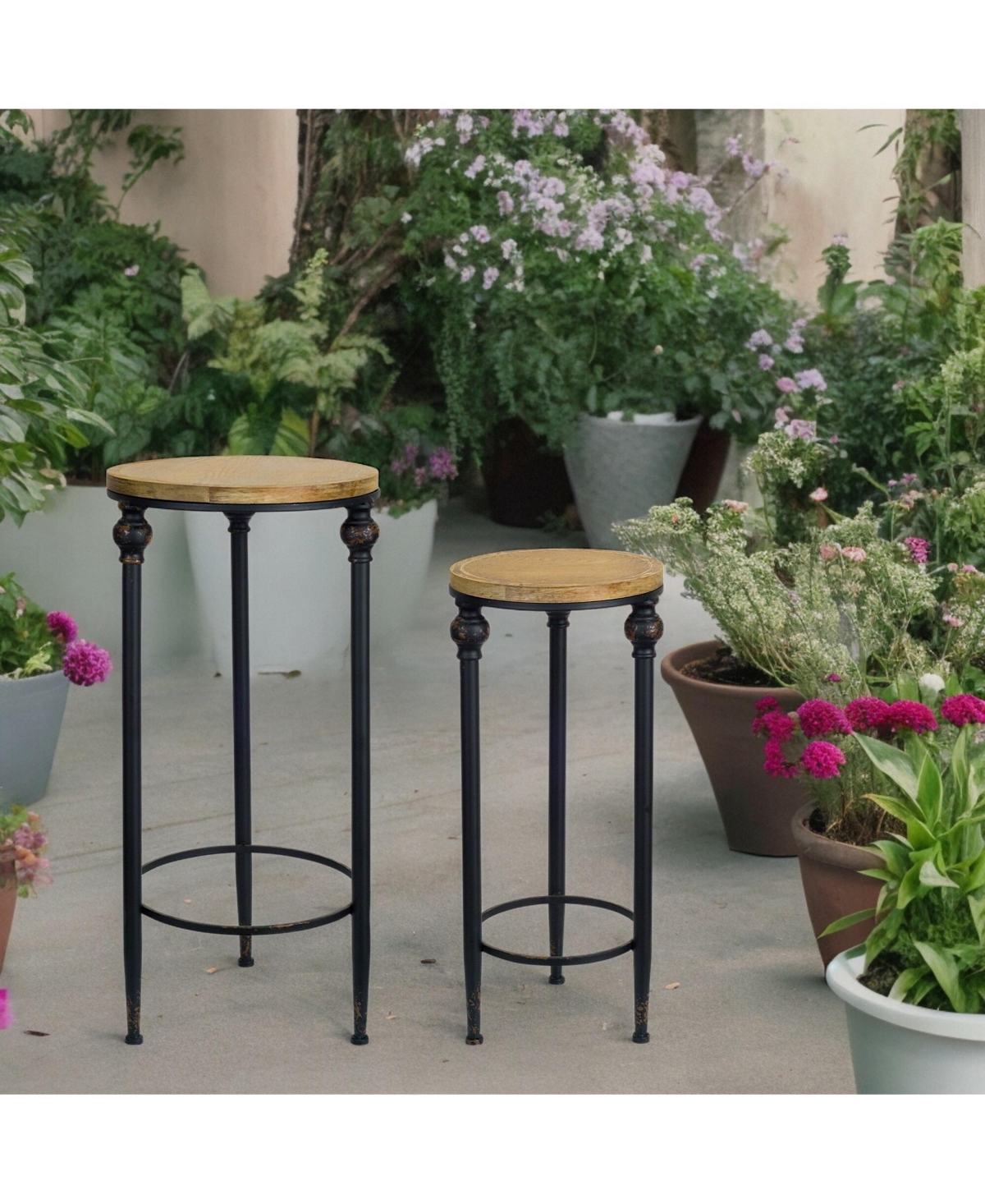 Slickblue Round Wood And Metal Plant Stand Table - Natural (Set of 2) - Black