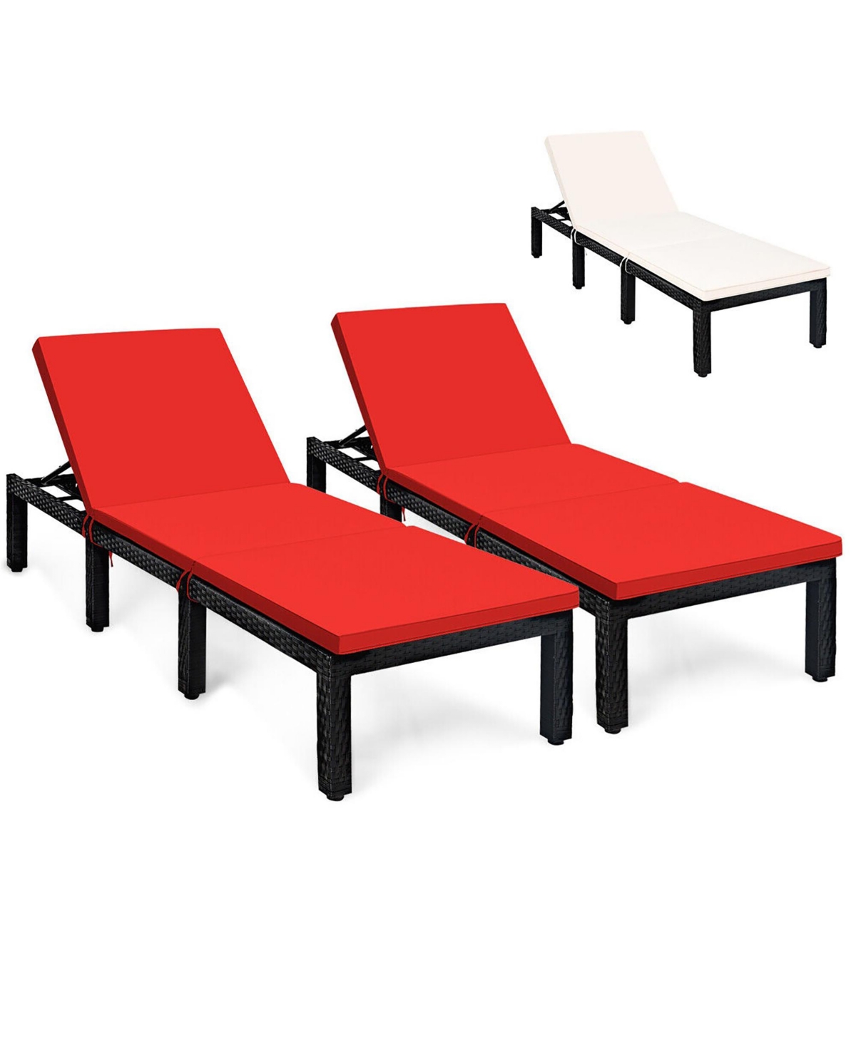 Gymax 2PCS Patio Lounge Chair Rattan Chaise w/ AdjustableCushioned - Red+off white