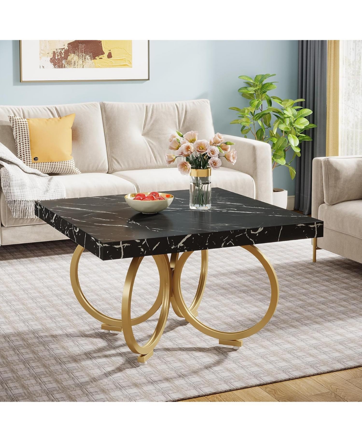 Tribesigns Square Coffee Table, 31.5 Inch Modern Black Cocktail Table with Gold Geometric Frame, Faux Marble Center Table Tea Table for Living Room