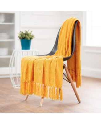 Premium Soft Golden Chenille Knitted Textured Decorative Throw Blanket - Elegant Lightweight Luxury Fuzzy Cozy Decor with Tassels 50x65 Inche