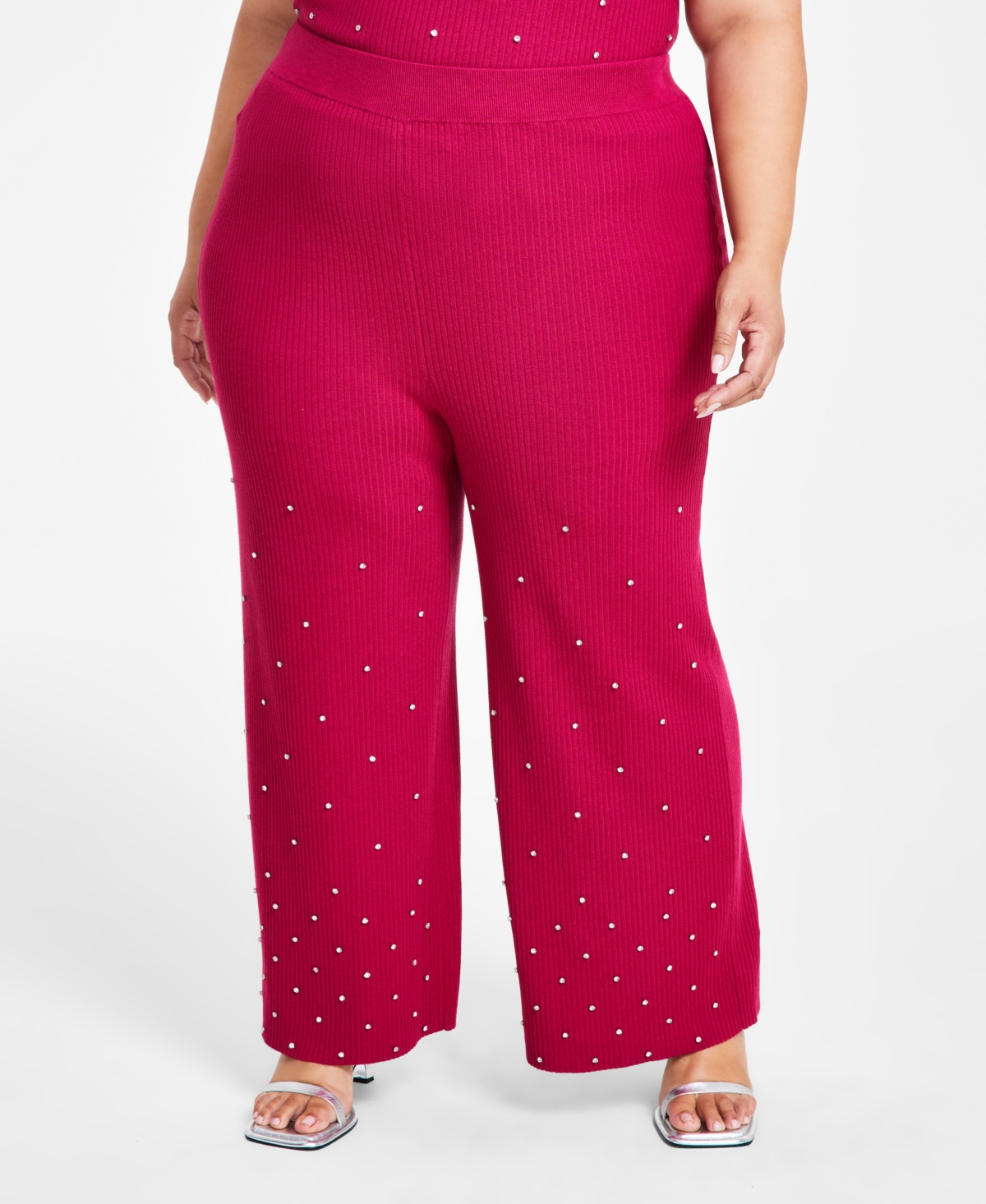Nina Parker Trendy Plus Size Embellished Rib-Knit Pants
