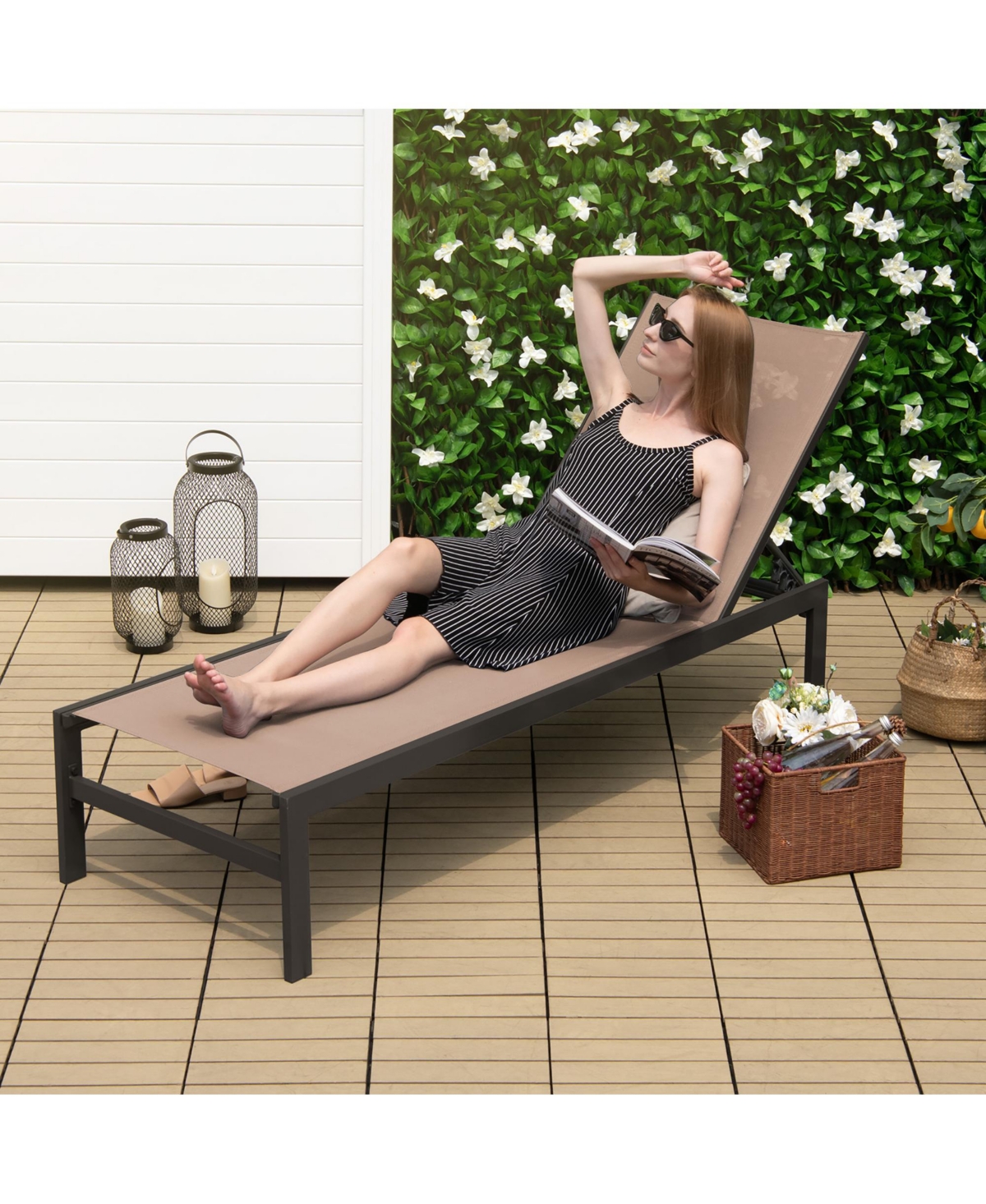 Gymax Set of 2 Aluminum Patio Chaise Lounge Outdoor Adjustable Lounge Chair W/ 6-Position Backrest - Brown+black