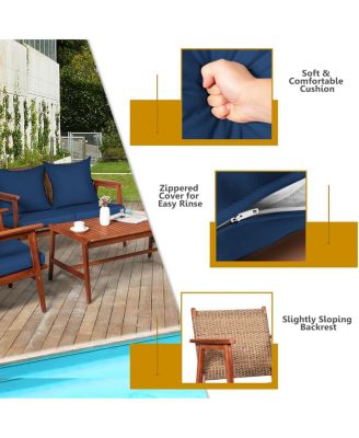 4 Piece Acacia Wood Patio Rattan Furniture Set
