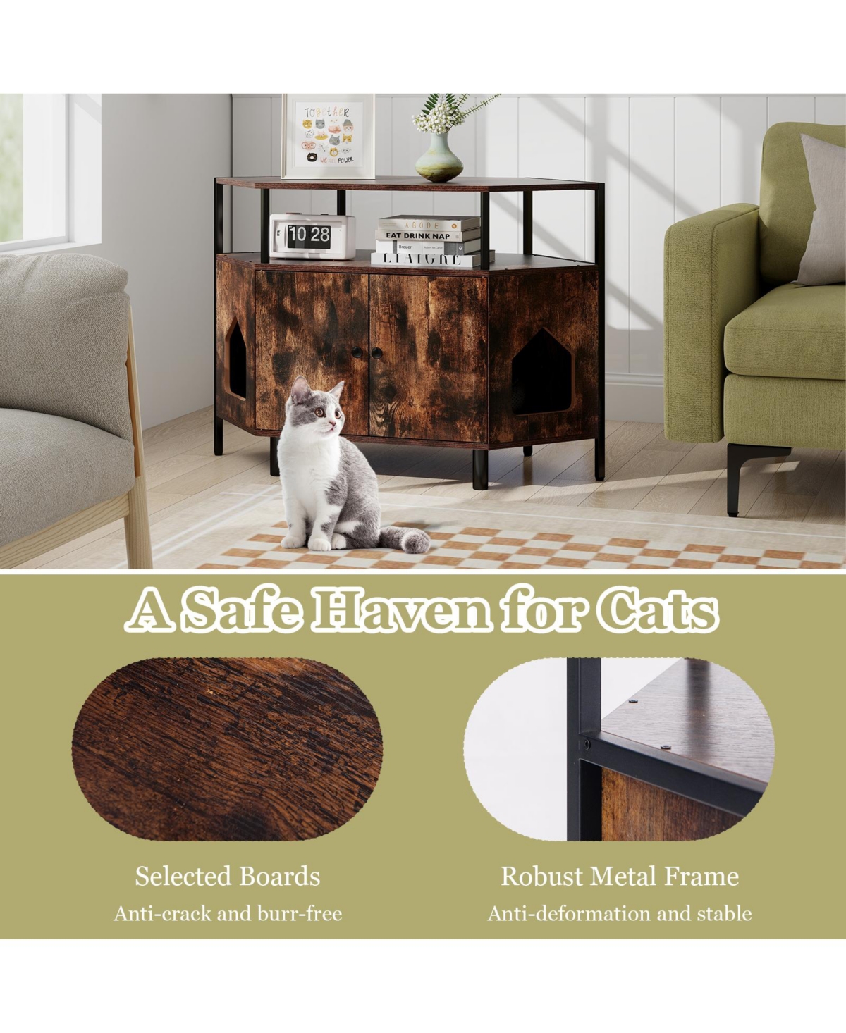 Slickblue Corner Cat Litter Box Enclosure with Open Shelf 2 Entrances and Metal Legs