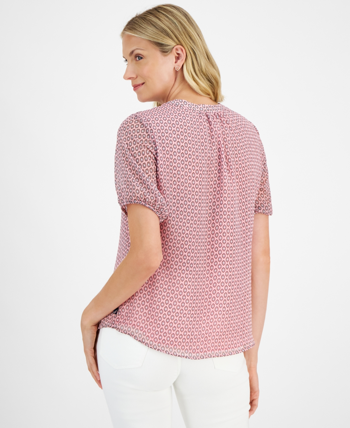 Nautica Jeans Women's Printed Ruffle-Trim Short-Sleeve Top