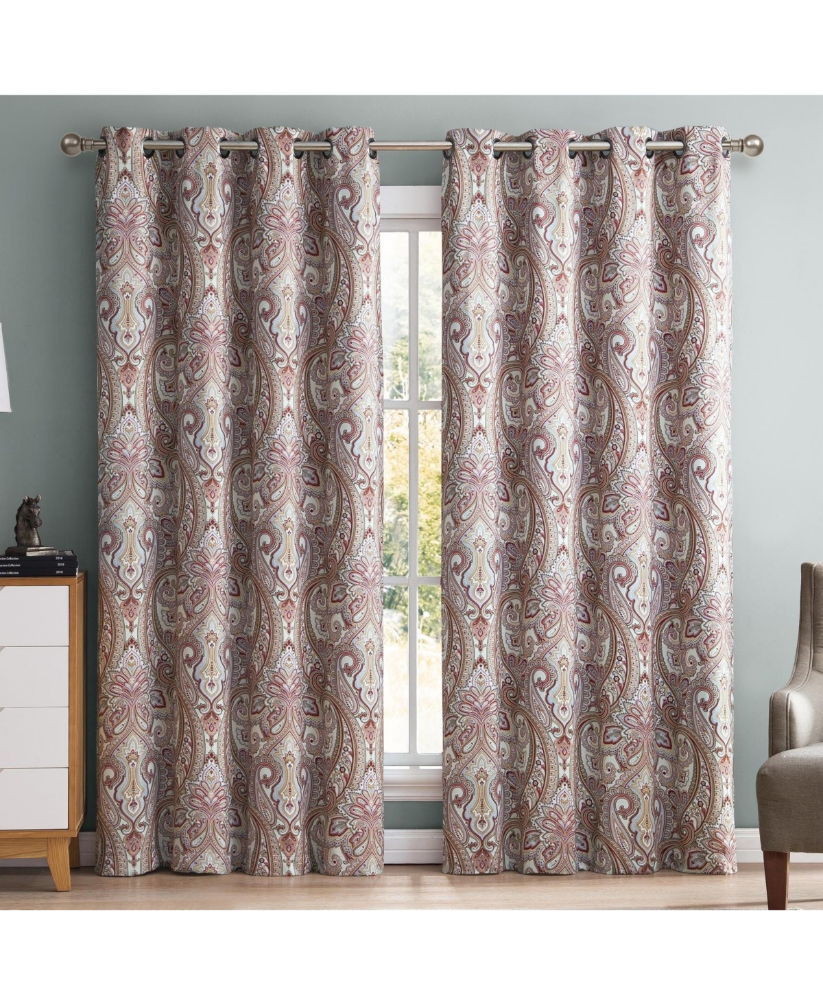 Hlc.me Paris Paisley Decorative Print Damask Pattern Light Reducing Filtering Grommet Window Curtain Panels for Living and Dining Room