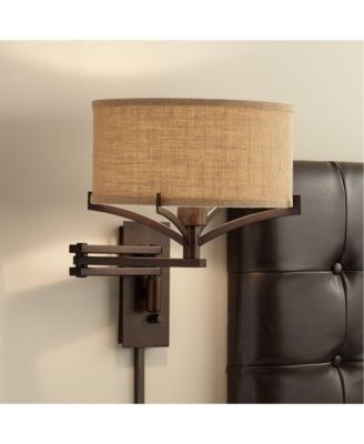 Tremont Rustic Farmhouse Swing Arm Wall Lamp Bronze Plug-in Light Fixture Tan Burlap Drum Shade for Bedroom Bedside Living Room