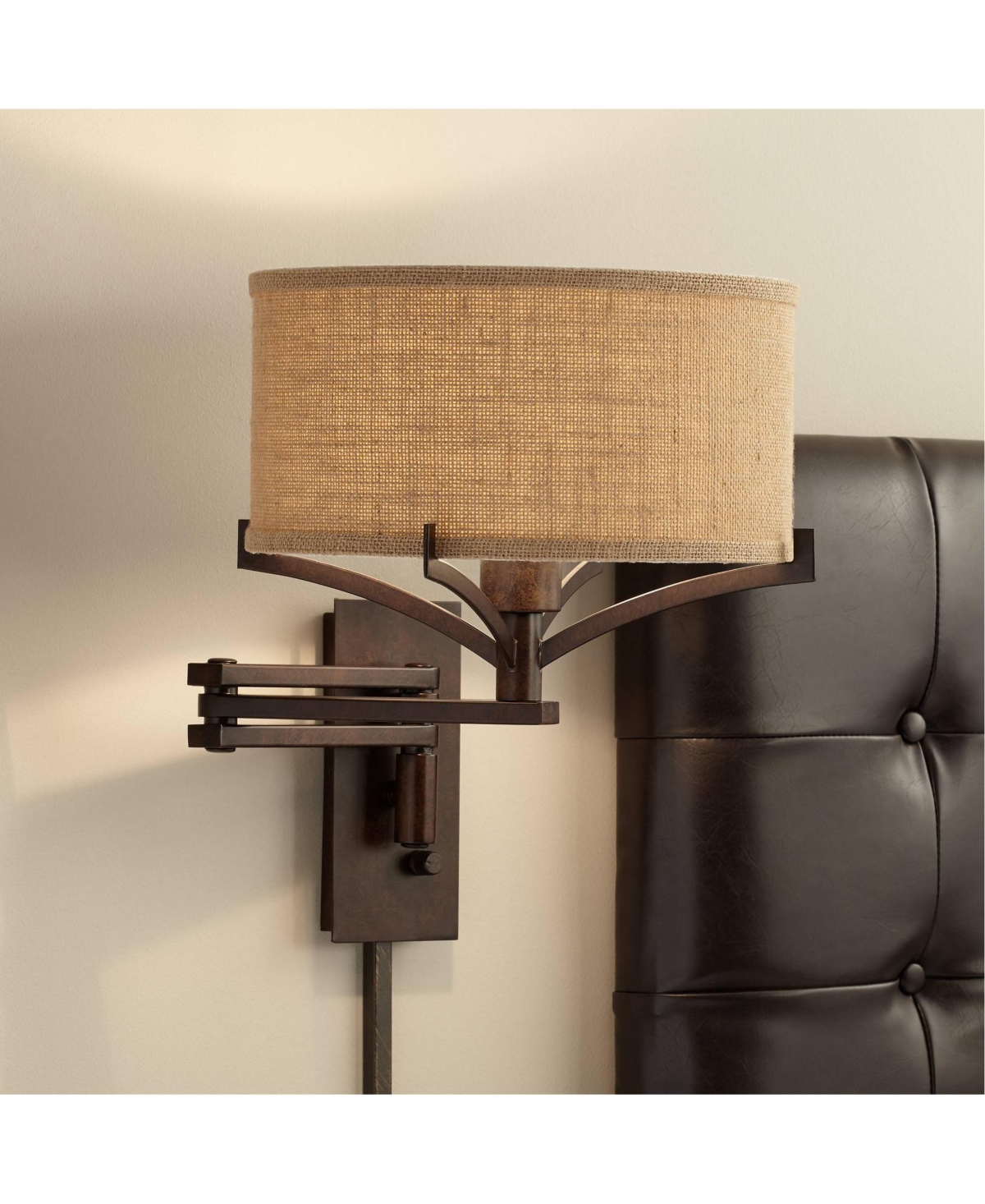 Franklin Iron Works Tremont Rustic Farmhouse Swing Arm Wall Lamp Bronze Plug-In Light Fixture Dimmable Tan Burlap Drum Shade for Bedroom Bedside House