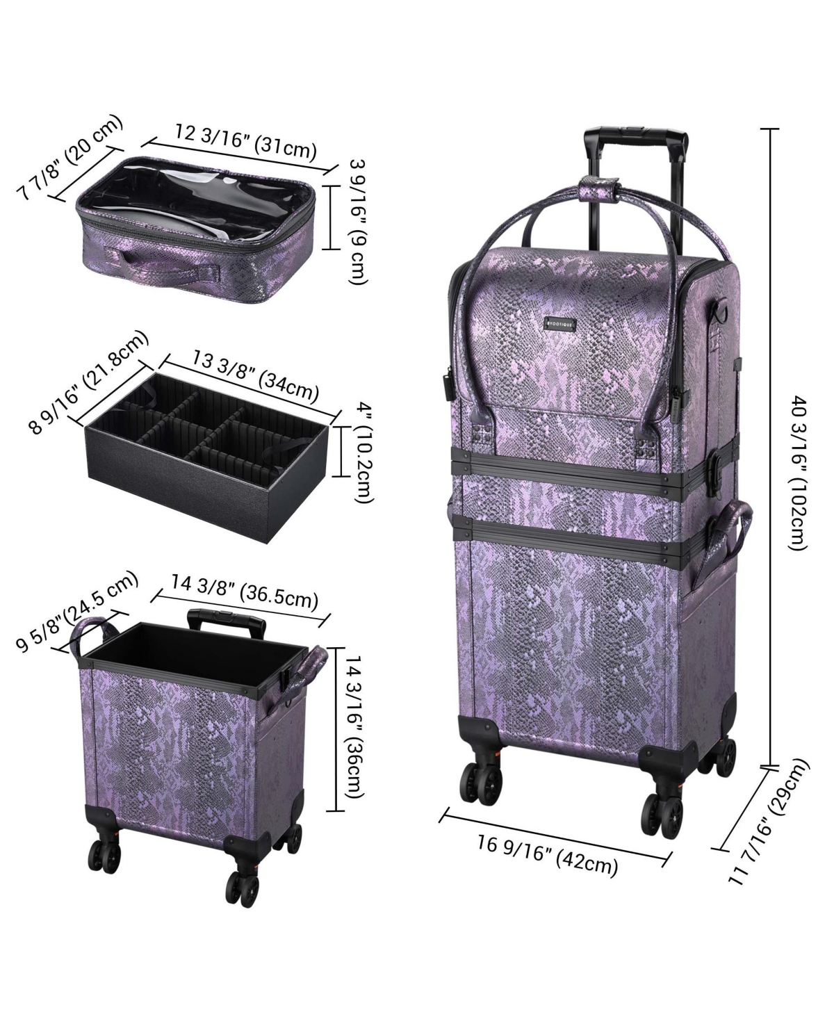 Byootique Purple Makeup Train Case Lockable Rolling Cosmetic Trolley Storage