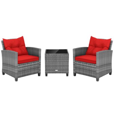 3-Piece Outdoor Wicker Conversation Set with Tempered Glass Table