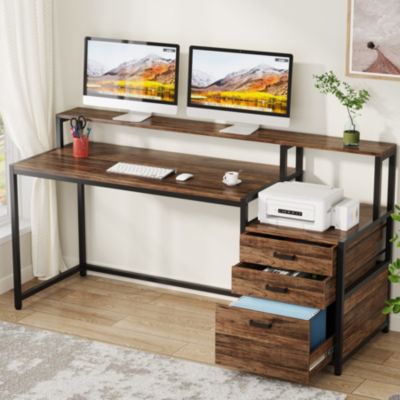 63 Inch Computer Desk with File Drawer Cabinet, Ergonomic Office Desk with Monitor Stand, Workstation Desk