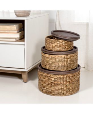 Gouda Southwestern Hand-Woven Hyacinth Circular Nesting Baskets with Wood Lids, Natural (Set of 3)