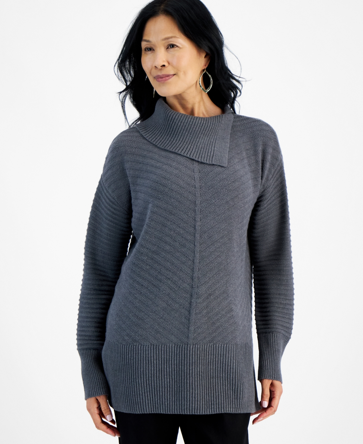 Style & Co Women's Envelope-neck Tunic Sweater, Created For Macy's In Charcoal Heather