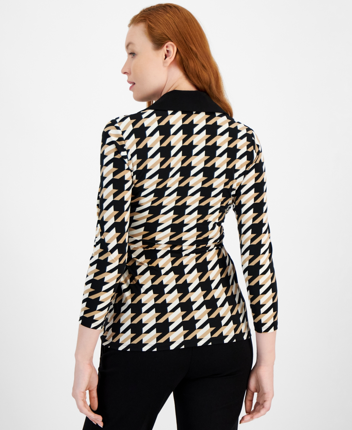 Anne Klein Women's 3/4-Sleeve Houndstooth Faux-Wrap Top