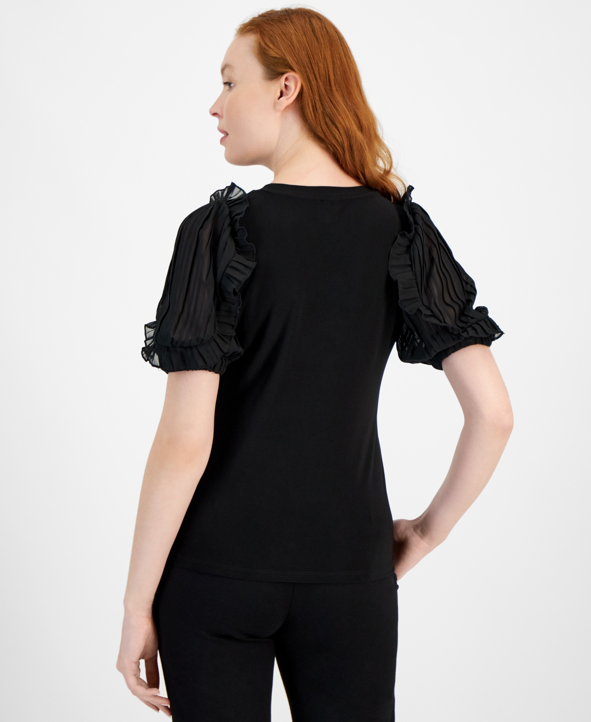 Anne Klein Women's Ruffled Puff-Sleeve Crewneck Top