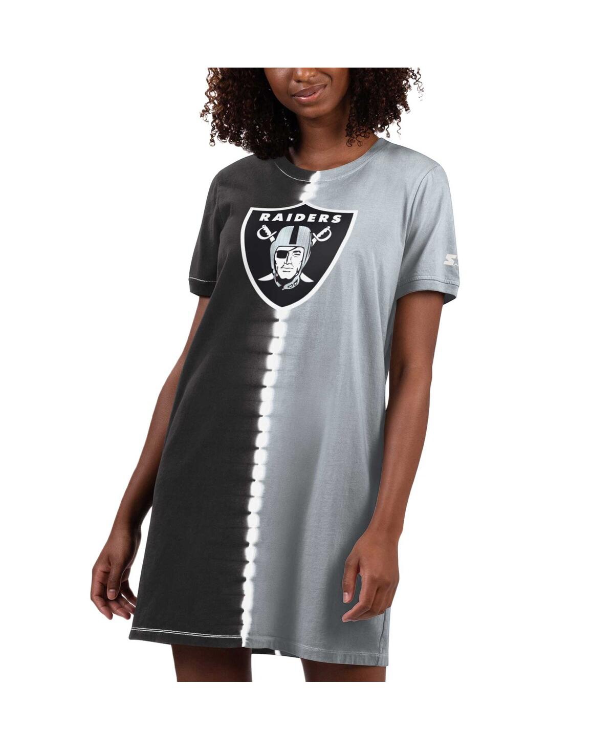 STARTER WOMEN'S BLACK LAS VEGAS RAIDERS ACE TIE-DYE T-SHIRT DRESS 