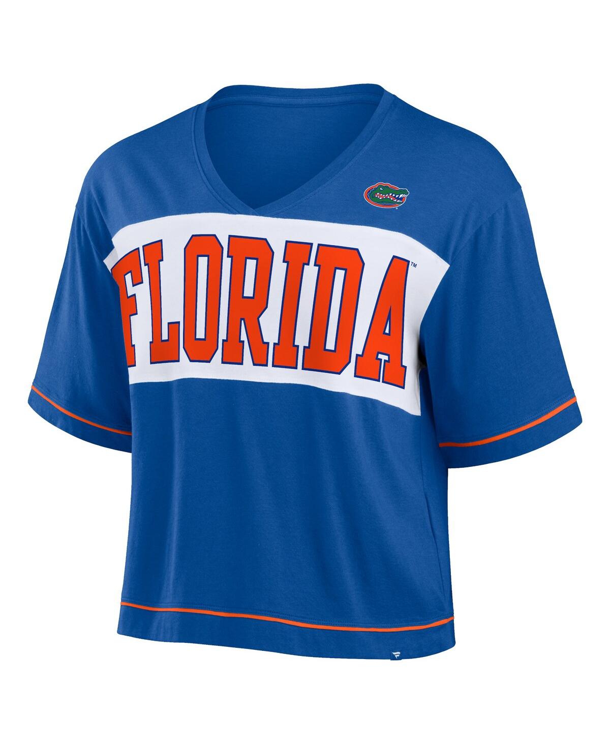 Fanatics Women's Royal Florida Gators Home Team Bold Fashion Modest V-neck Cropped T-shirt In Royal,white