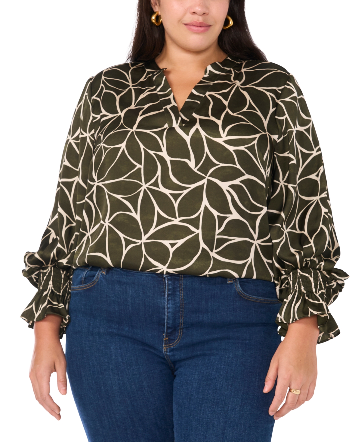 VINCE CAMUTO PLUS SIZE PRINTED SPLIT-NECK BLOUSON-SLEEVE TOP 