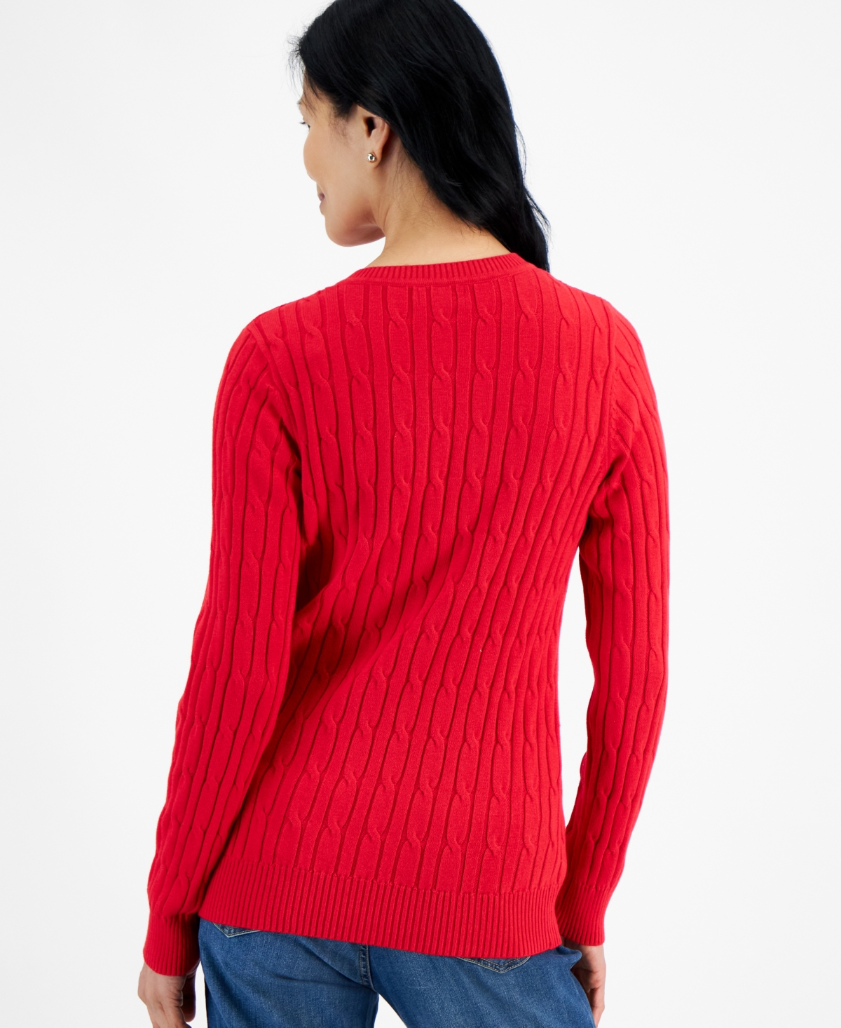 Style & Co Petite Cotton Cable-knit V-neck Sweater, Created For Macy's In Red