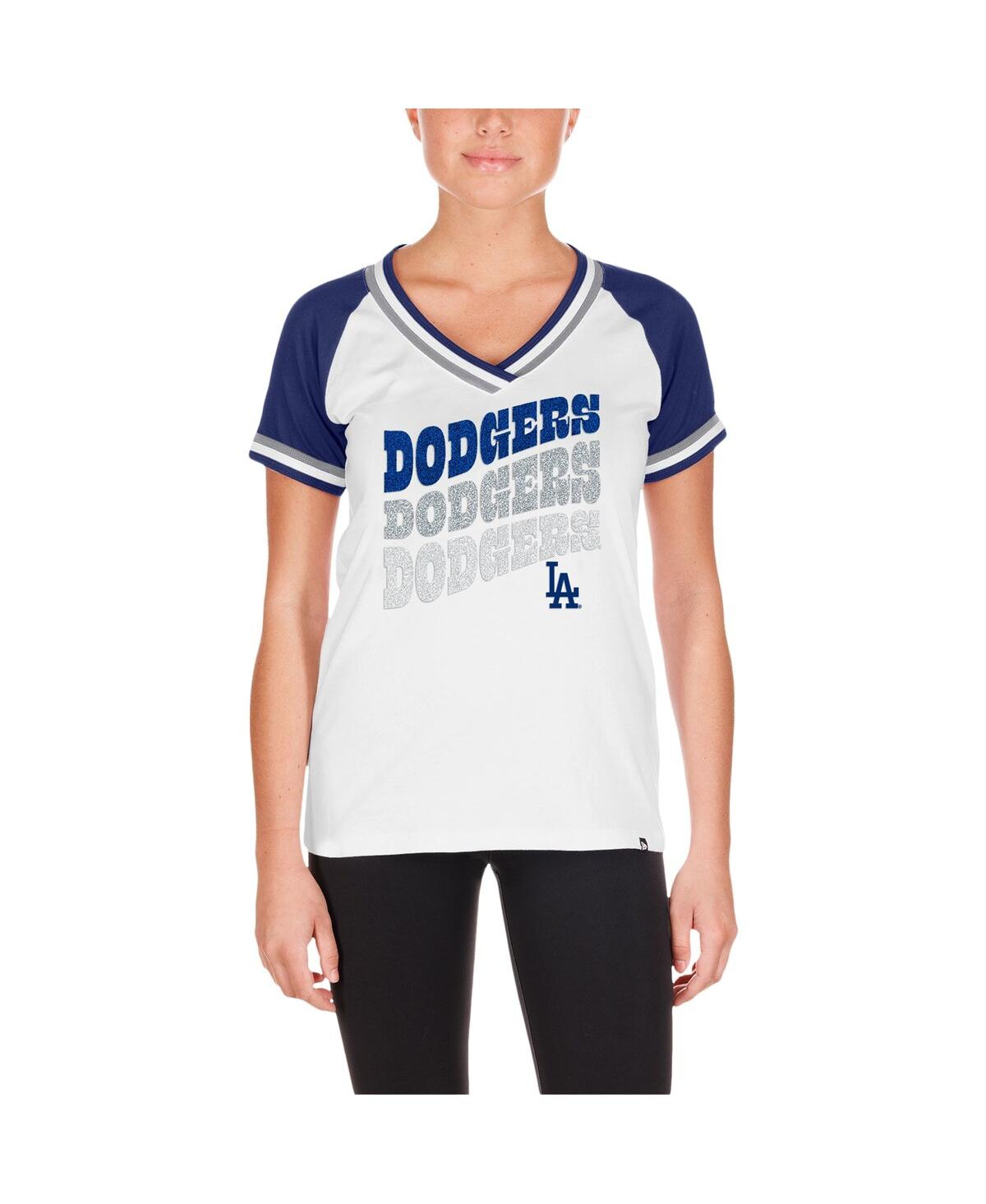 New Era Women'sLos Angeles Dodgers Jersey Double Binding Raglan V-Neck T-Shirt - White