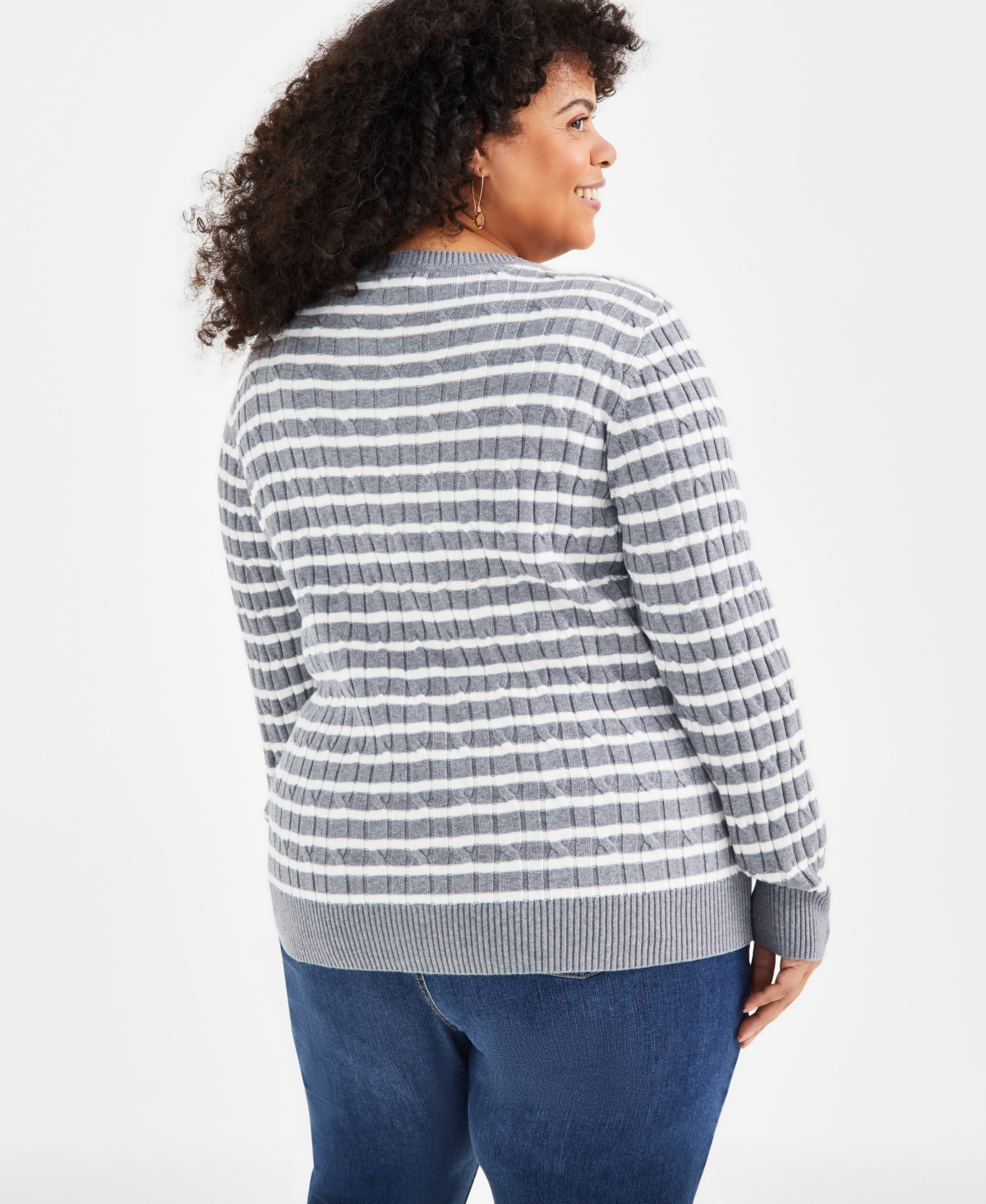 Style & Co Plus Size Cotton Striped Cable-Knit V-Neck Sweater, Created for Style & Co