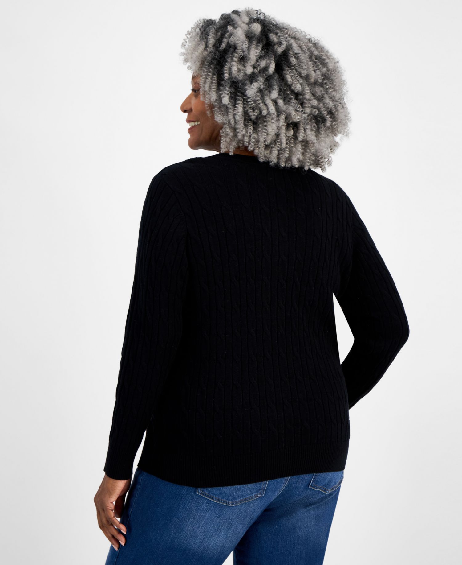 Petite Cotton Cable-Knit V-Neck Sweater