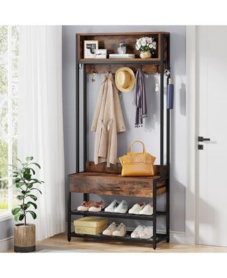 3-in-1 Entryway Hall Tree – Industrial Coat Rack with Shoe Bench, Drawer, Hutch & 9 Hooks for Bedroom or Living Room