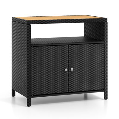 Rattan Storage Cabinet with Acacia Wood Countertop for Poolside Deck and Patio