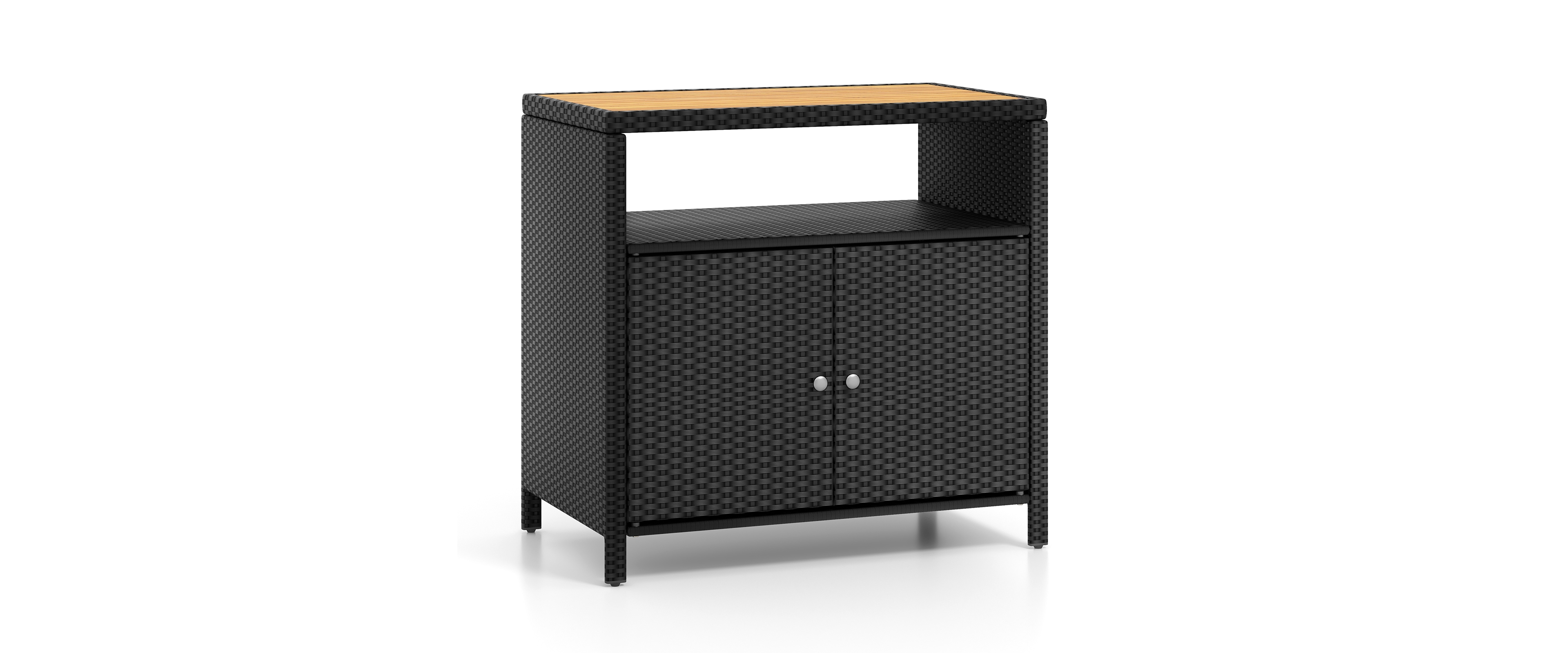 Slickblue Rattan Storage Cabinet with Acacia Wood Countertop for Poolside Deck and Patio