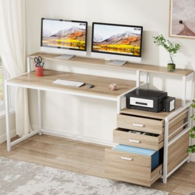 63 Inch Computer Desk with File Drawer Cabinet, Ergonomic Office Desk with Monitor Stand, Computer Table with Printer Space, Wood PC Table Workstation Desk for Home Office