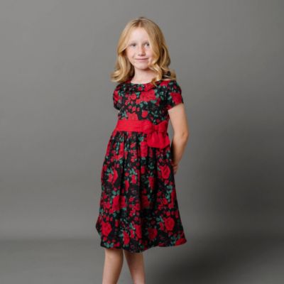 Little Girls Short Sleeve Ruffle Collar Party Dress with Bow, Toddler|Child