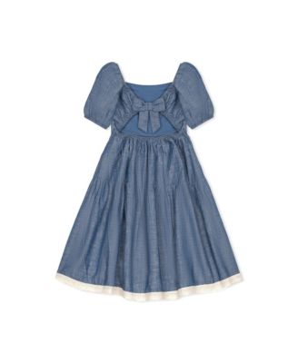 Girls' Short Bubble Sleeve Crochet Trim Chambray Dress, Toddler