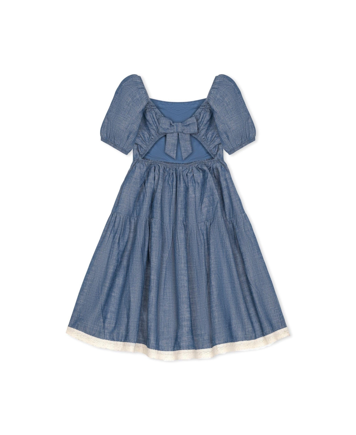 Hope & Henry Girls' Short Bubble Sleeve Crochet Trim Chambray Dress