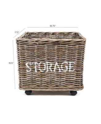 Yael Coastal Hand-Woven &amp;quot;STORAGE&amp;quot; Rattan Basket with Wheels and Handles, Kubu Gray