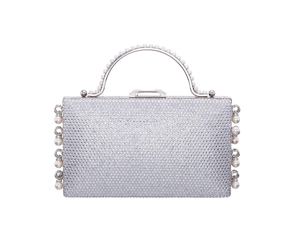 Nina Cultivated Pearl Dangle Crystal Embellished Minaudiere Clutch In Silver