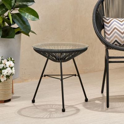 Streamdale Nusa Modern Rattan Side Table With Tempered Glass Top