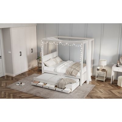 Streamdale Full Size Upholstered Canopy Bed with Trundle and Drawers