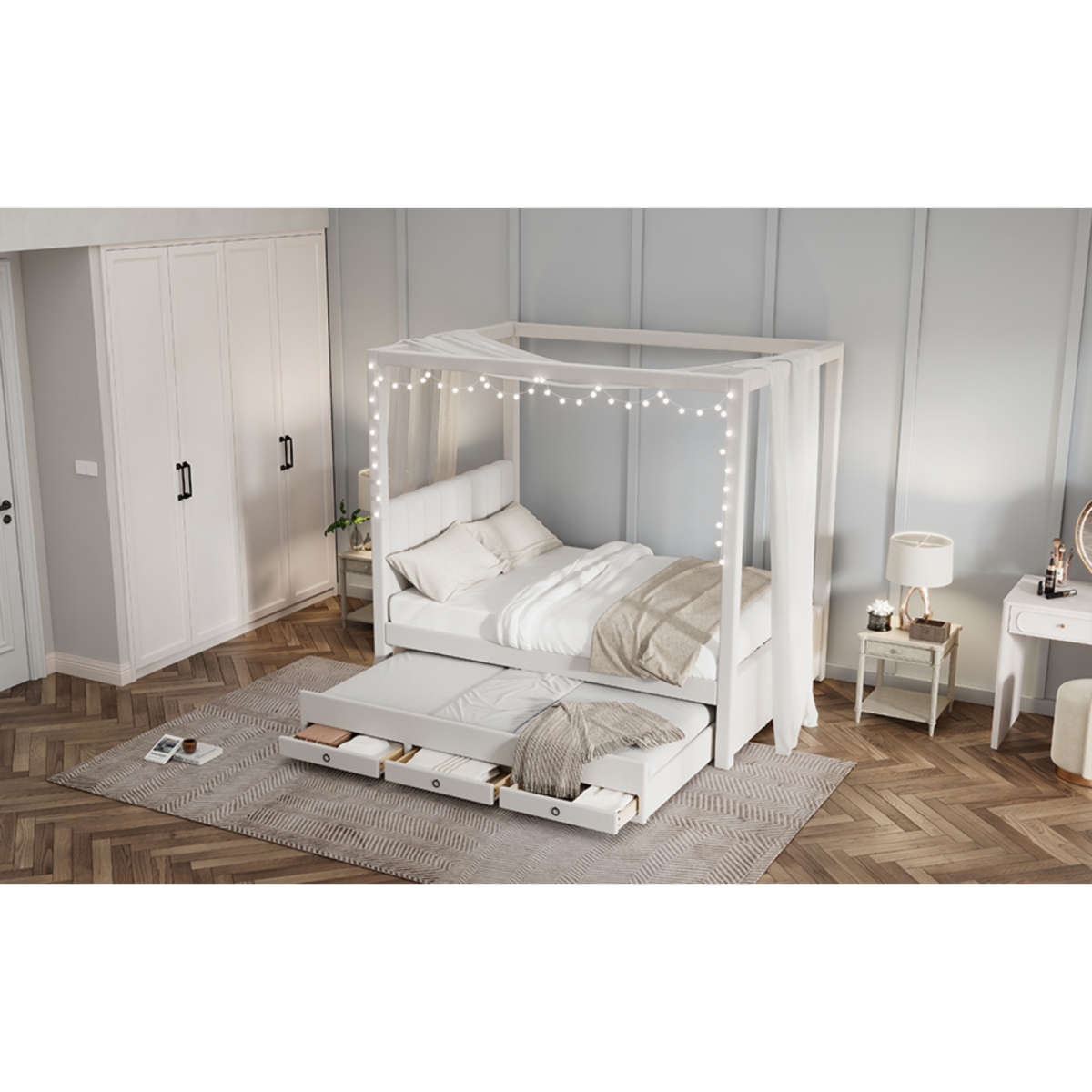 Streamdale Full Size Upholstered Canopy Bed with Trundle and Drawers